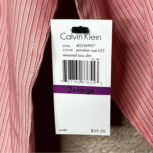 NEW Calvin Klein Mens XXL Slim Fit Button Up Shirt Infinite Cool Pink Striped - Picture 6 of 11